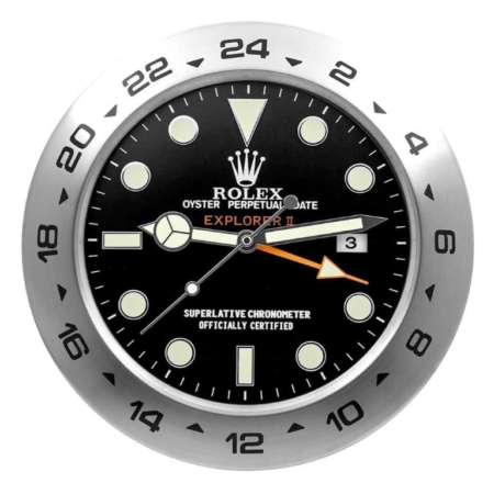 Rolex wall clock. Wall clock is in the style of a Rolex Explorer II wristwatch with a black dial & stainless steel bezel.