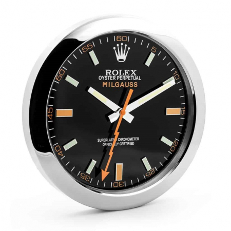 Rolex wall clock. Wall clock in the style of a Rolex Milgauss wristwatch with a black dial and highly polished bezel.