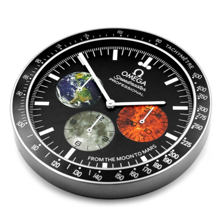 Omega Speedmaster wall clock. Wall clock is in the style of an Omega Speedmaster 'From the Moon to Mars' wristwatch with an Earth, Moon & Mars sub dial.