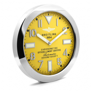 Breitling wall clock. Wall clock in the style of a Breitling Avenger wristwatch. Yellow dial, silver hands with a mirror polished stainless steel bezel.