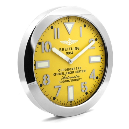 Breitling wall clock. Wall clock in the style of a Breitling Avenger wristwatch. Yellow dial, silver hands with a mirror polished stainless steel bezel.