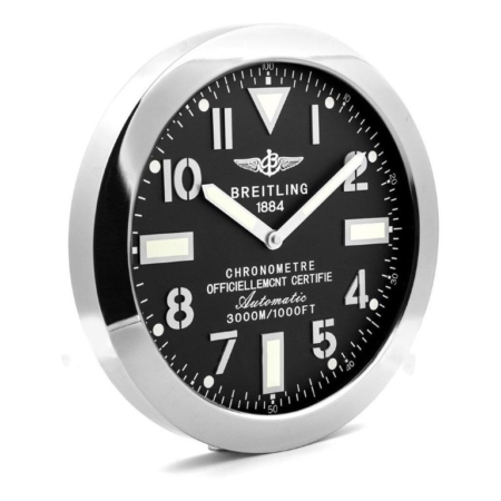 Breitling wall clock. Wall clock in the style of a Breitling Avenger wristwatch. Black dial, silver hands with a mirror polished stainless steel bezel.