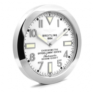 Breitling wall clock. Wall clock in the style of a Breitling Avenger wristwatch. White dial, silver hands with a mirror polished bezel.
