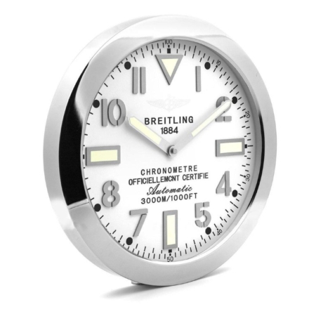 Breitling wall clock. Wall clock in the style of a Breitling Avenger wristwatch. White dial, silver hands with a mirror polished bezel.