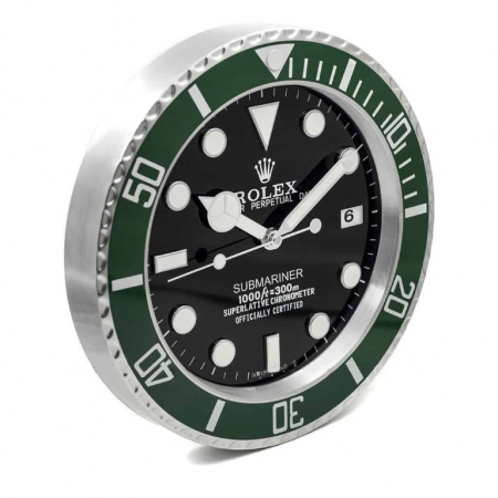 Rolex wall clock. Wall clock in the style of a black dial, green bezel stainless steel Rolex Submariner wristwatch. The 'Starbucks'