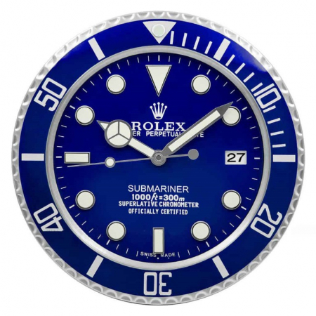 Rolex wall clock. Wall clock in the style of a blue dial stainless steel Rolex Submariner wristwatch. The 'Smurf'