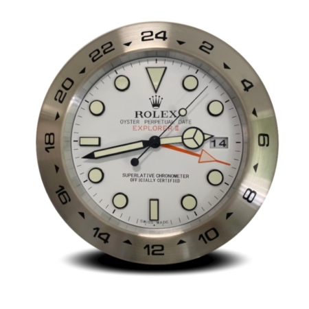 Rolex wall clock. Wall clock is in the style of a Rolex Explorer II wristwatch with a white dial & stainless steel bezel.