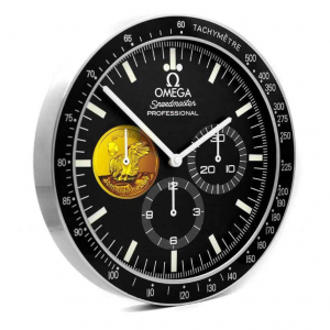Omega Speedmaster wall clock. Wall clock is in the style of a Apollo 11 40th Anniversary Omega Speedmaster wristwatch with a gold colour sub dial.