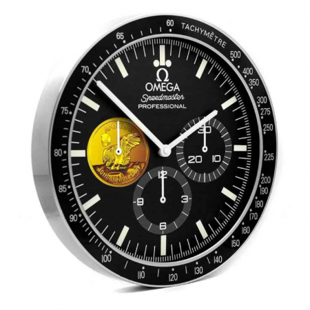 Omega Speedmaster wall clock. Wall clock is in the style of a Apollo 11 40th Anniversary Omega Speedmaster wristwatch with a gold colour sub dial.