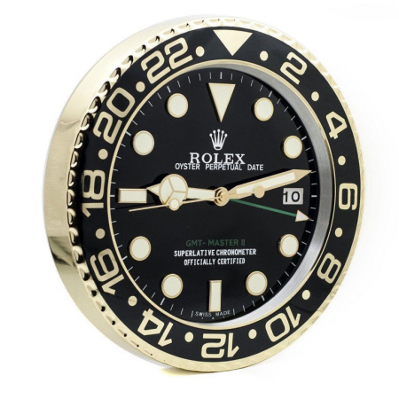 Gold Rolex GMT-MASTER II style wall clock with a black dial and black bezel.