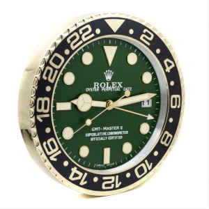 Gold Rolex GMT-MASTER II style wall clock with a green dial and black bezel.