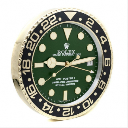 Gold Rolex GMT-MASTER II style wall clock with a green dial and black bezel.