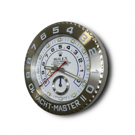 Rolex wall clock. Wall clock is in the style of a Rolex Yacht-Master II wristwatch. White dial, silver hands, silver sub dial with a stainless steel bezel.