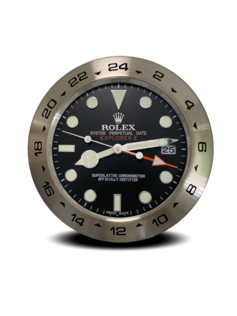 Wall clock in the style of a black dial Rolex Explorer wristwatch.