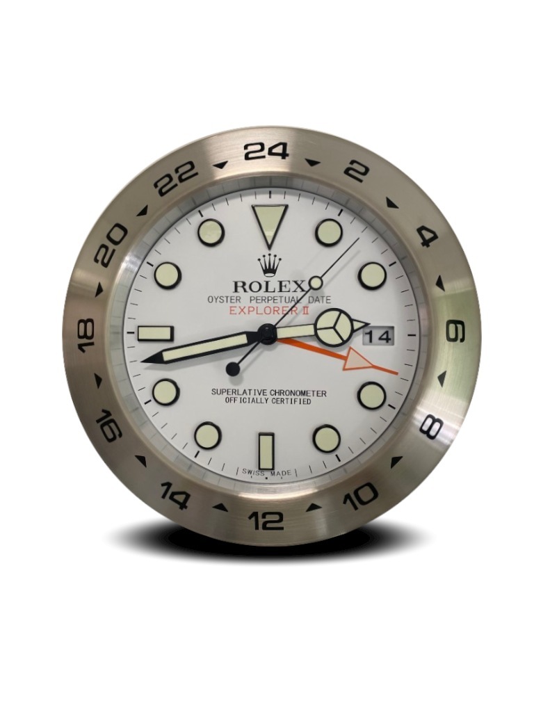 Wall clock in the style of a white dial Rolex Explorer wristwatch.